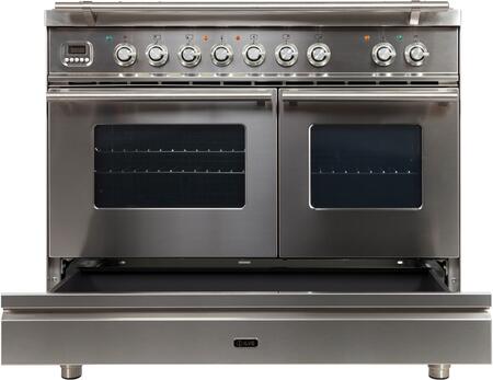ILVE 40 in. Professional Plus Series Natural Gas Burner and Electric Oven Range in Stainless Steel with Chrome Trim, UPDW100FDMPING