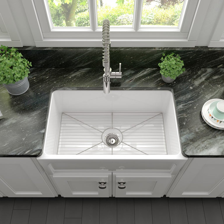 ZLINE 30 in. Turin Farmhouse Apron Front Reversible Single Bowl Fireclay Kitchen Sink with Bottom Grid in White Gloss, FRC5117-WH-30