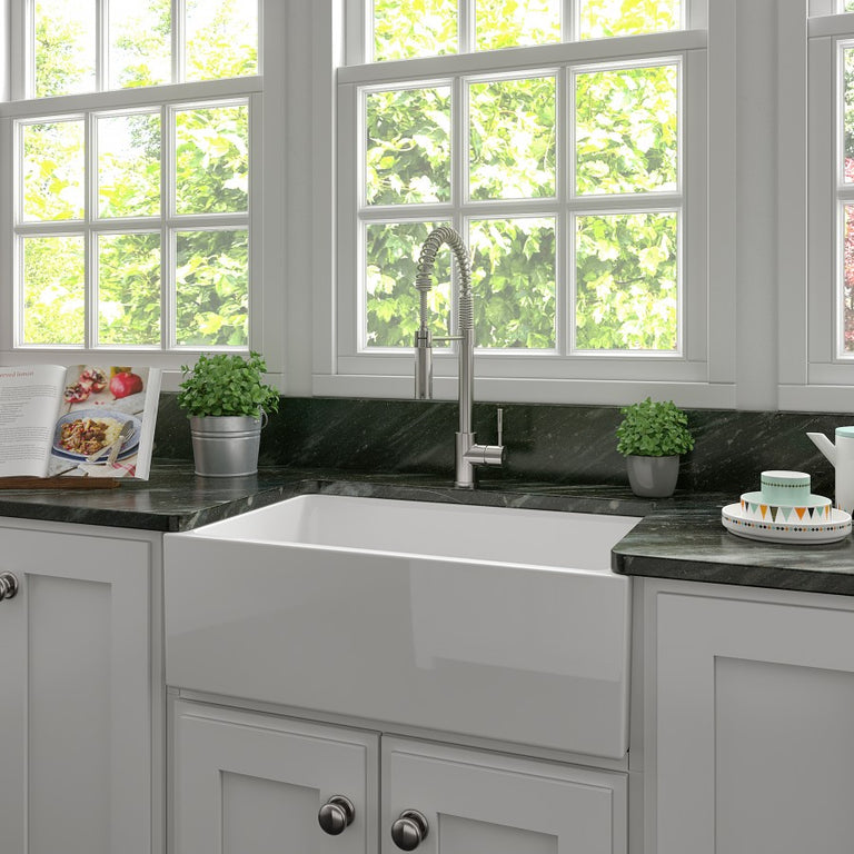 ZLINE 30 in. Turin Farmhouse Apron Front Reversible Single Bowl Fireclay Kitchen Sink with Bottom Grid in White Gloss, FRC5117-WH-30