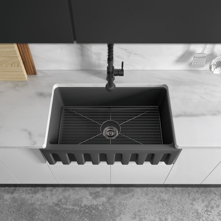 ZLINE 30 in. Venice Farmhouse Apron Front Reversible Single Bowl Fireclay Kitchen Sink with Bottom Grid in Charcoal, FRC5119-CL-30