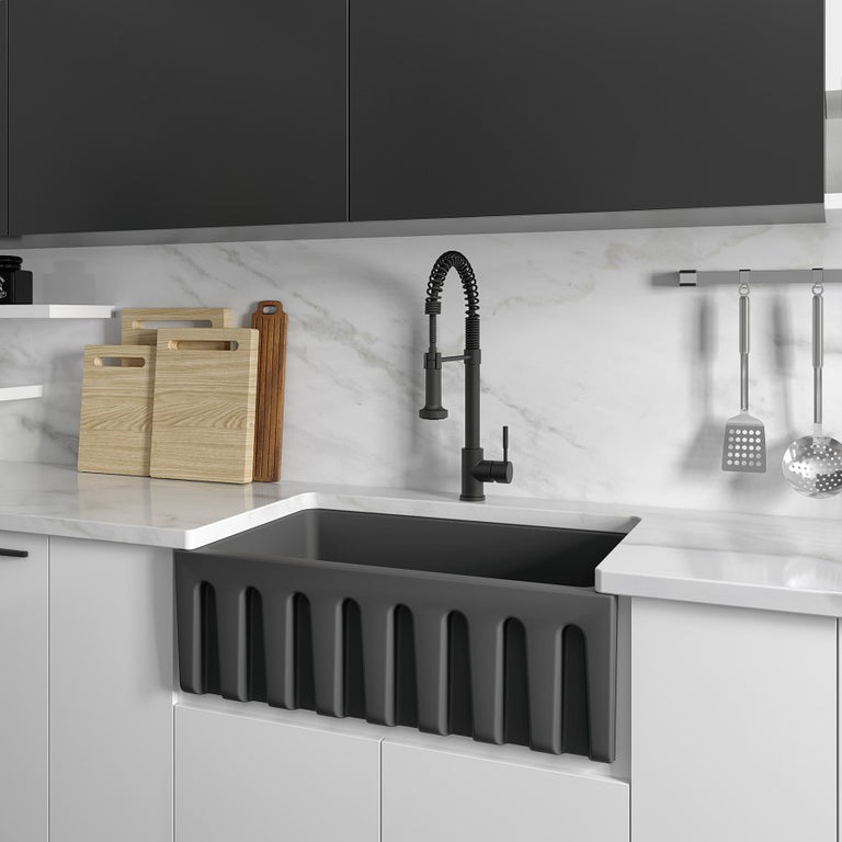 ZLINE 30 in. Venice Farmhouse Apron Front Reversible Single Bowl Fireclay Kitchen Sink with Bottom Grid in Charcoal, FRC5119-CL-30