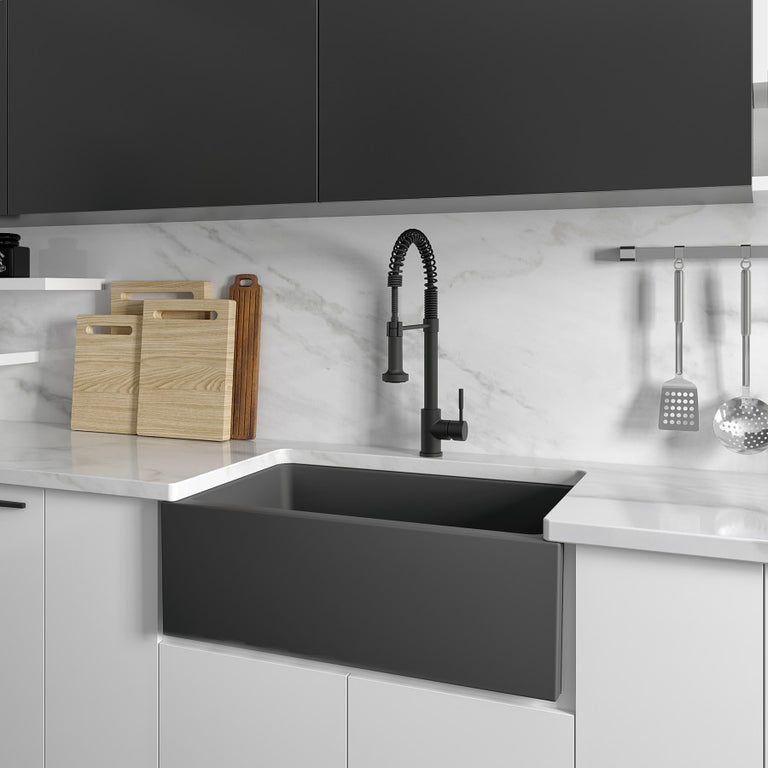 ZLINE 30 in. Venice Farmhouse Apron Front Reversible Single Bowl Fireclay Kitchen Sink with Bottom Grid in Charcoal, FRC5119-CL-30