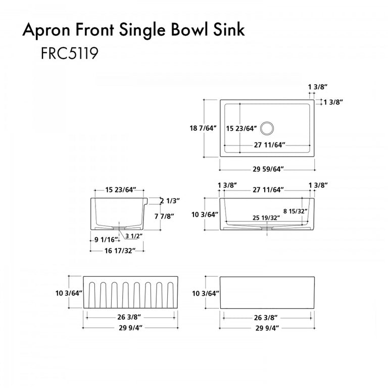 ZLINE 30 in. Venice Farmhouse Apron Front Reversible Single Bowl Fireclay Kitchen Sink with Bottom Grid in White Matte, FRC5119-WM-30
