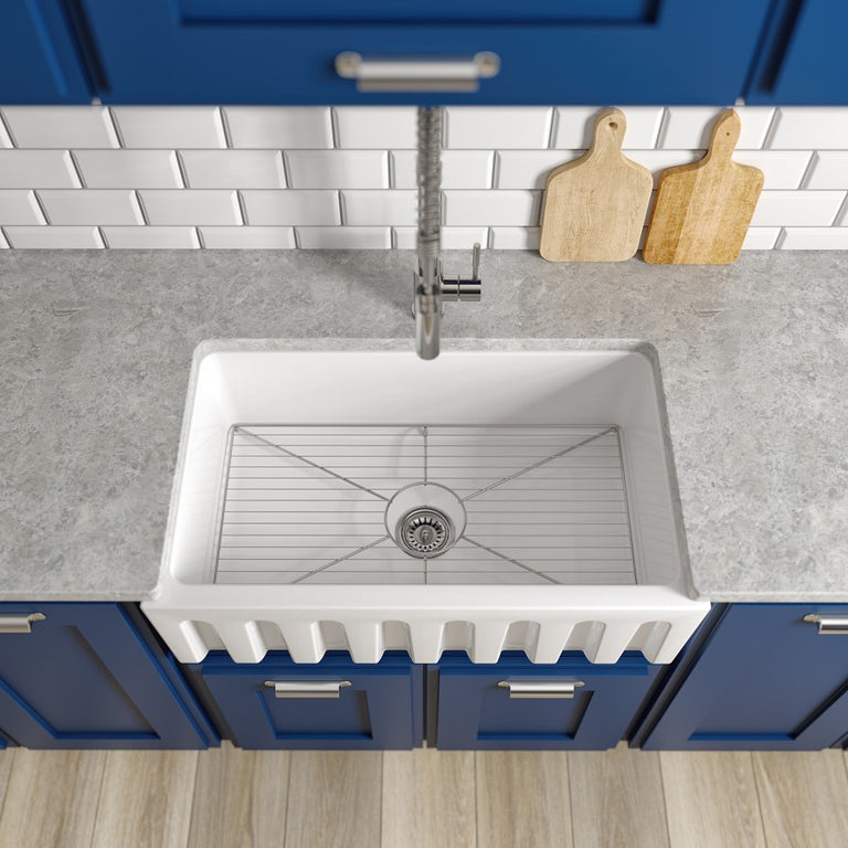 ZLINE 30 in. Venice Farmhouse Apron Front Reversible Single Bowl Fireclay Kitchen Sink with Bottom Grid in White Gloss, FRC5119-WH-30