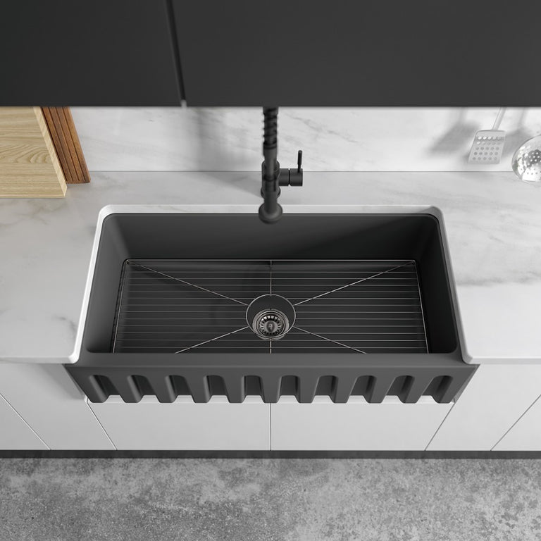 ZLINE 36 in. Venice Farmhouse Apron Front Reversible Single Bowl Fireclay Kitchen Sink with Bottom Grid in Charcoal, FRC5122-CL-36