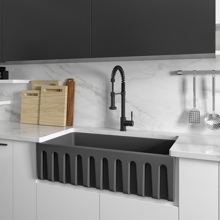 ZLINE 36 in. Venice Farmhouse Apron Front Reversible Single Bowl Fireclay Kitchen Sink with Bottom Grid in Charcoal, FRC5122-CL-36