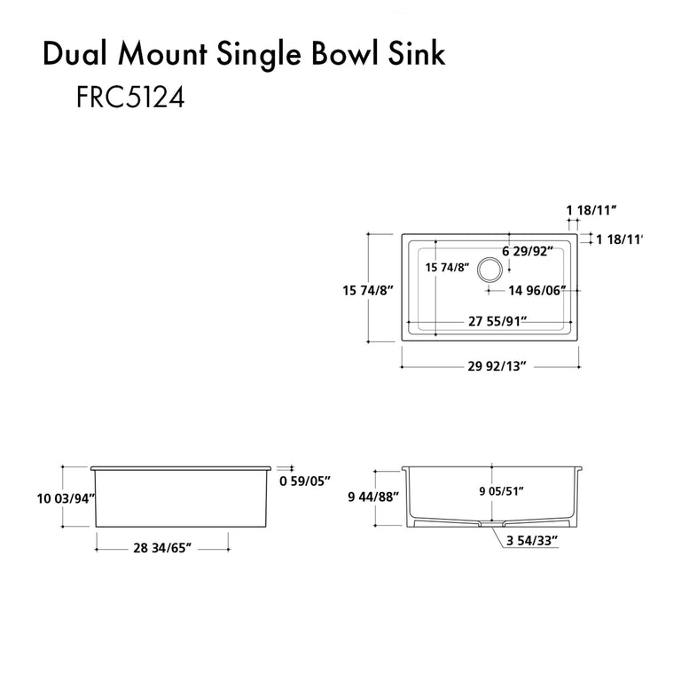 ZLINE 30 in. Rome Dual Mount Single Bowl Fireclay Kitchen Sink with Bottom Grid in White Matte, FRC5124-WM-30
