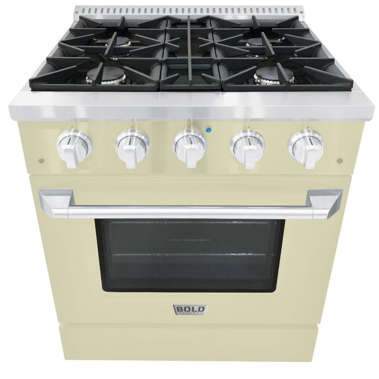 Hallman 30 In. Range with Propane Gas Burners and Electric Oven, Antique White with Chrome Trim - Bold Series, HBRDF30CMAW-LP