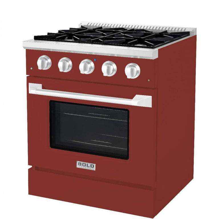 Hallman 30 In. Range with Gas Burners and Electric Oven, Burgundy with Chrome Trim - Bold Series, HBRDF30CMBG