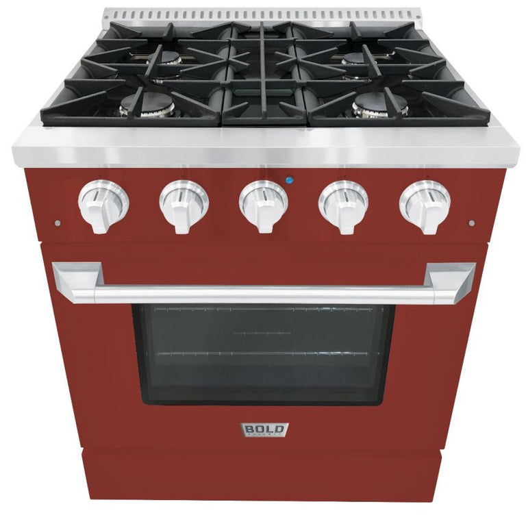 Hallman 30 In. Range with Propane Gas Burners and Electric Oven, Burgundy with Chrome Trim - Bold Series, HBRDF30CMBG-LP