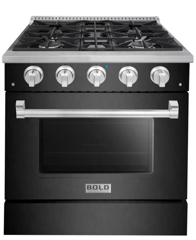 Hallman 30 In. Range with Gas Burners and Electric Oven, Black Titanium with Chrome Trim - Bold Series, HBRDF30CMBT