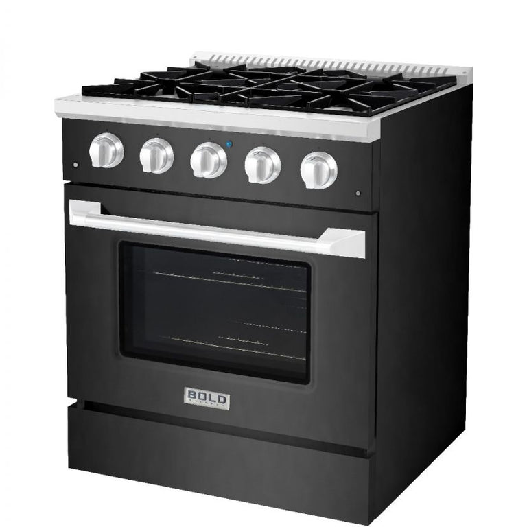 Hallman 30 In. Range with Gas Burners and Electric Oven, Black Titanium with Chrome Trim - Bold Series, HBRDF30CMBT