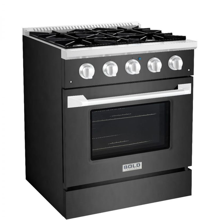 Hallman 30 In. Range with Gas Burners and Electric Oven, Black Titanium with Chrome Trim - Bold Series, HBRDF30CMBT