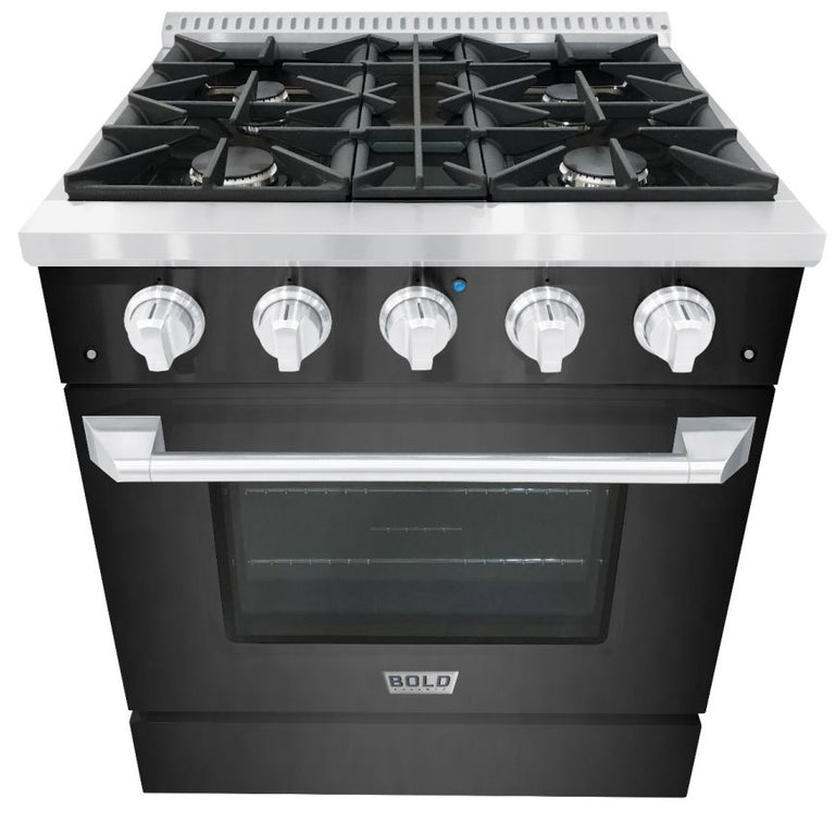 Hallman 30 In. Range with Gas Burners and Electric Oven, Black Titanium with Chrome Trim - Bold Series, HBRDF30CMBT