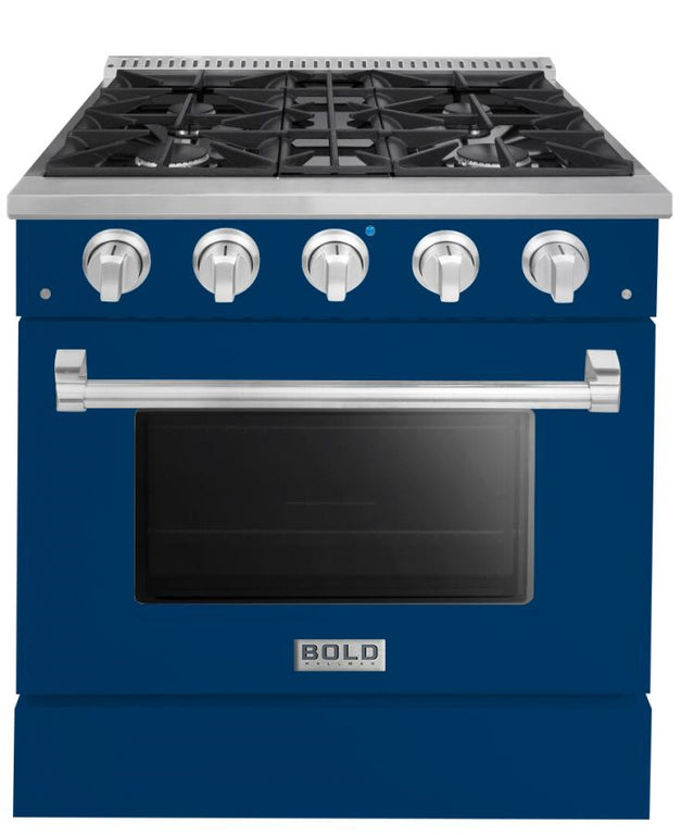 Hallman 30 In. Range with Gas Burners and Electric Oven, Blue with Chrome Trim - Bold Series, HBRDF30CMBU