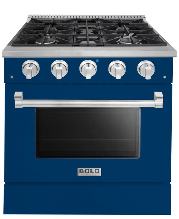Hallman 30 In. Range with Propane Gas Burners and Electric Oven, Blue with Chrome Trim - Bold Series, HBRDF30CMBU-LP