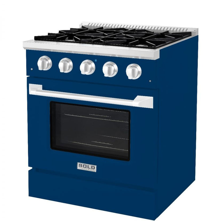 Hallman 30 In. Range with Propane Gas Burners and Electric Oven, Blue with Chrome Trim - Bold Series, HBRDF30CMBU-LP