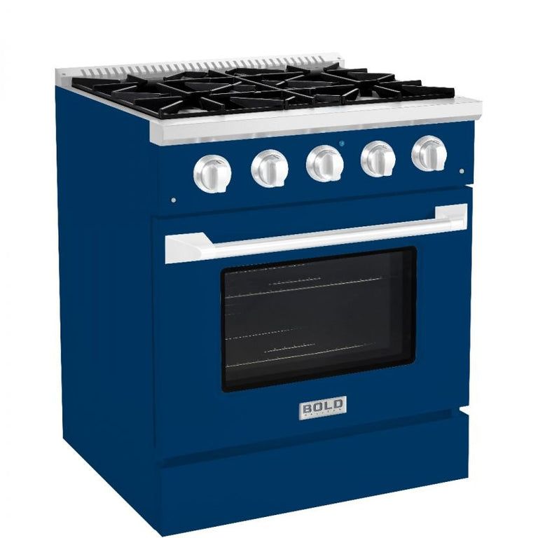 Hallman 30 In. Range with Propane Gas Burners and Electric Oven, Blue with Chrome Trim - Bold Series, HBRDF30CMBU-LP