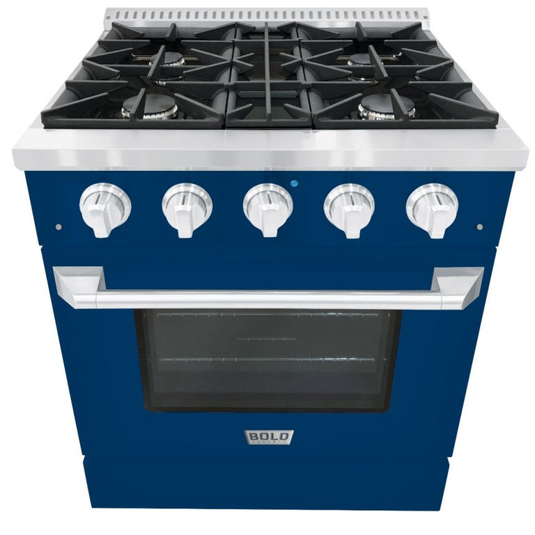 Hallman 30 In. Range with Propane Gas Burners and Electric Oven, Blue with Chrome Trim - Bold Series, HBRDF30CMBU-LP