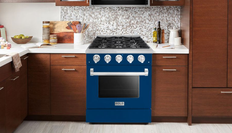 Hallman 30 In. Range with Propane Gas Burners and Electric Oven, Blue with Chrome Trim - Bold Series, HBRDF30CMBU-LP