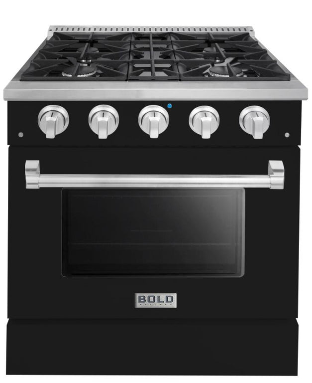 Hallman 30 In. Range with Gas Burners and Electric Oven, Glossy Black with Chrome Trim - Bold Series, HBRDF30CMGB