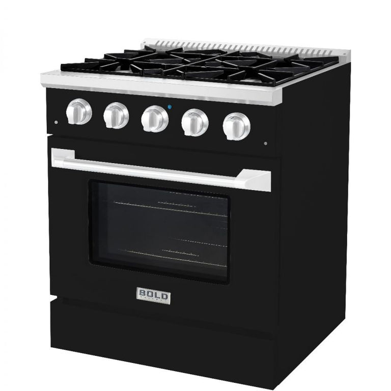 Hallman 30 In. Range with Gas Burners and Electric Oven, Glossy Black with Chrome Trim - Bold Series, HBRDF30CMGB