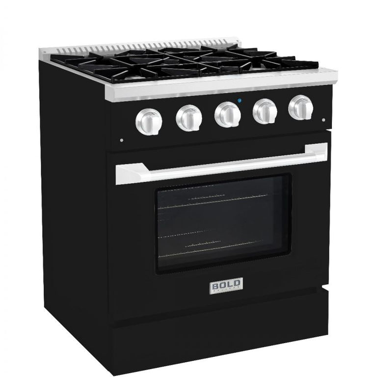Hallman 30 In. Range with Gas Burners and Electric Oven, Glossy Black with Chrome Trim - Bold Series, HBRDF30CMGB