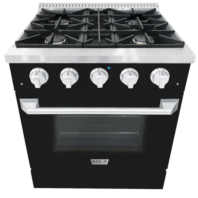 Hallman 30 In. Range with Gas Burners and Electric Oven, Glossy Black with Chrome Trim - Bold Series, HBRDF30CMGB