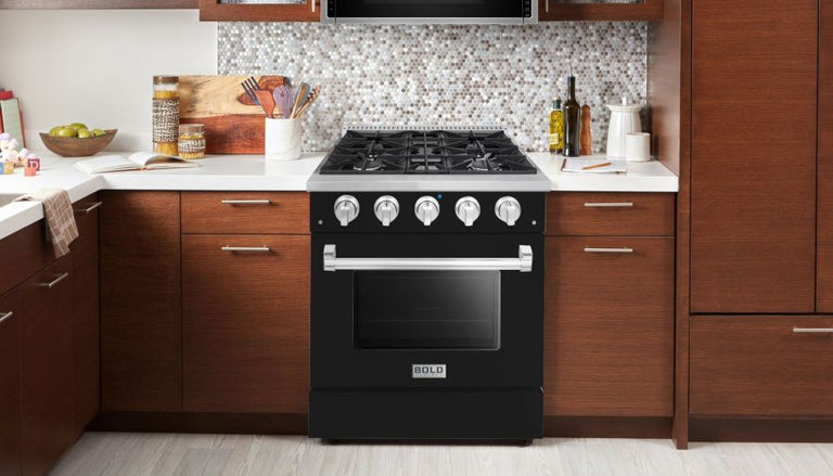 Hallman 30 In. Range with Gas Burners and Electric Oven, Glossy Black with Chrome Trim - Bold Series, HBRDF30CMGB