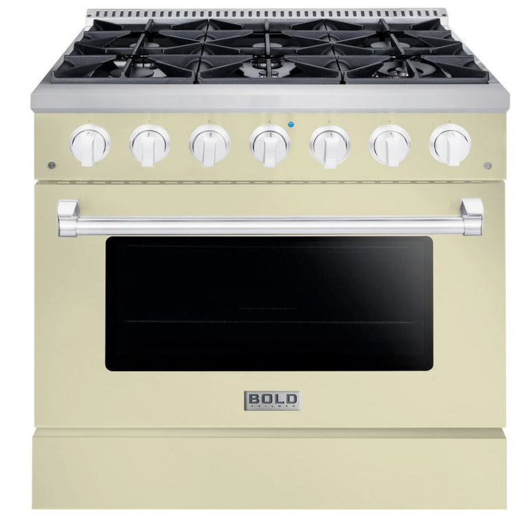 Hallman 36 In. Range with Propane Gas Burners and Electric Oven, Antique White with Chrome Trim - Bold Series, HBRDF36CMAW-LP