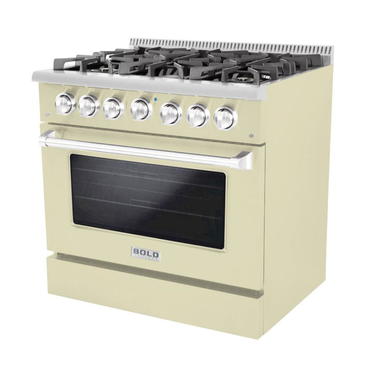 Hallman 36 In. Range with Propane Gas Burners and Electric Oven, Antique White with Chrome Trim - Bold Series, HBRDF36CMAW-LP