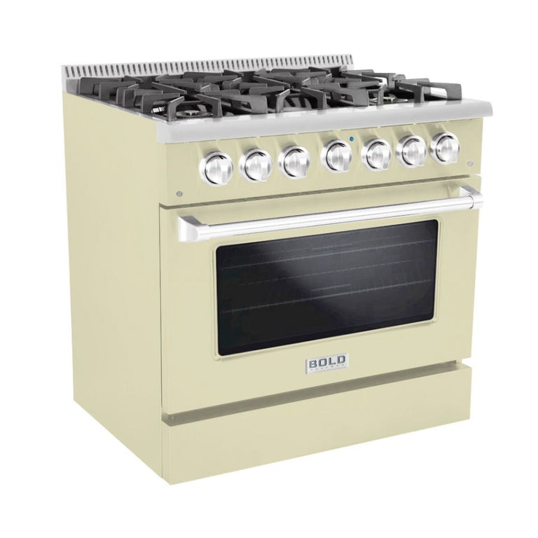 Hallman 36 In. Range with Propane Gas Burners and Electric Oven, Antique White with Chrome Trim - Bold Series, HBRDF36CMAW-LP