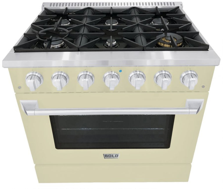 Hallman 36 In. Range with Propane Gas Burners and Electric Oven, Antique White with Chrome Trim - Bold Series, HBRDF36CMAW-LP
