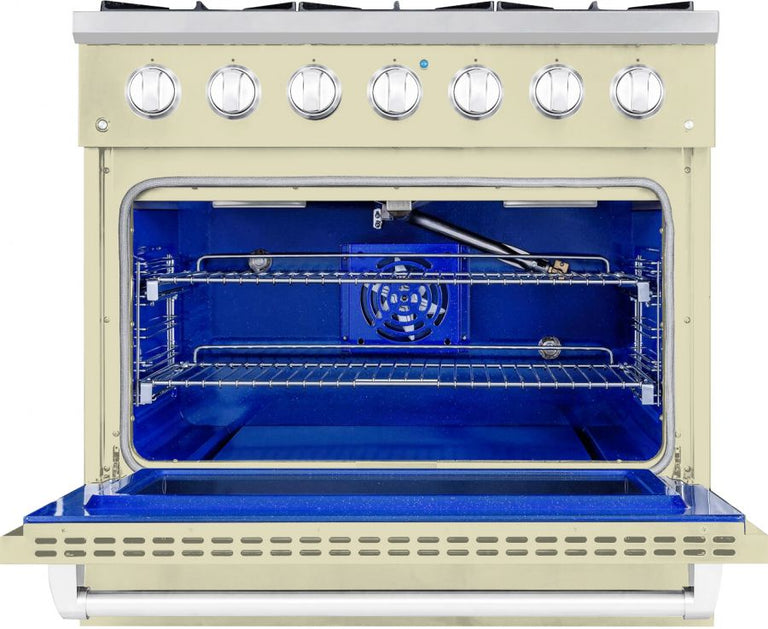 Hallman 36 In. Range with Propane Gas Burners and Electric Oven, Antique White with Chrome Trim - Bold Series, HBRDF36CMAW-LP
