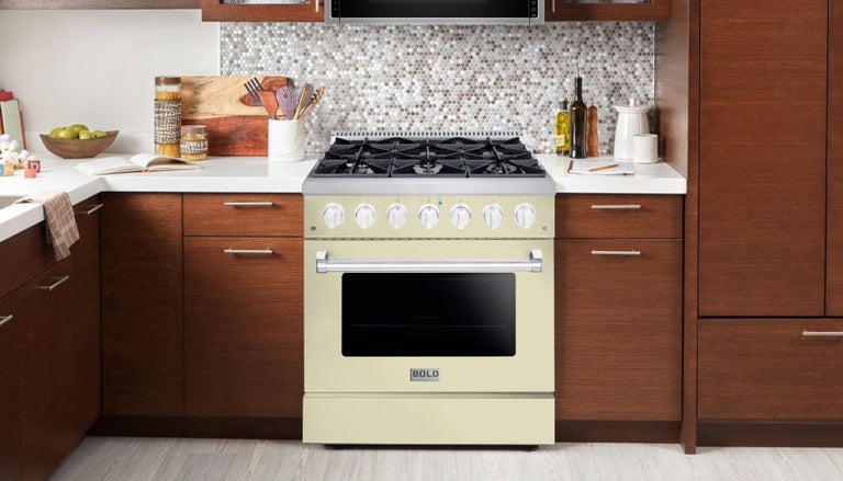 Hallman 36 In. Range with Propane Gas Burners and Electric Oven, Antique White with Chrome Trim - Bold Series, HBRDF36CMAW-LP