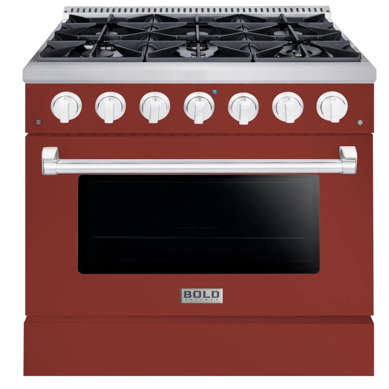 Hallman 36 In. Range with Gas Burners and Electric Oven, Burgundy with Chrome Trim - Bold Series, HBRDF36CMBG