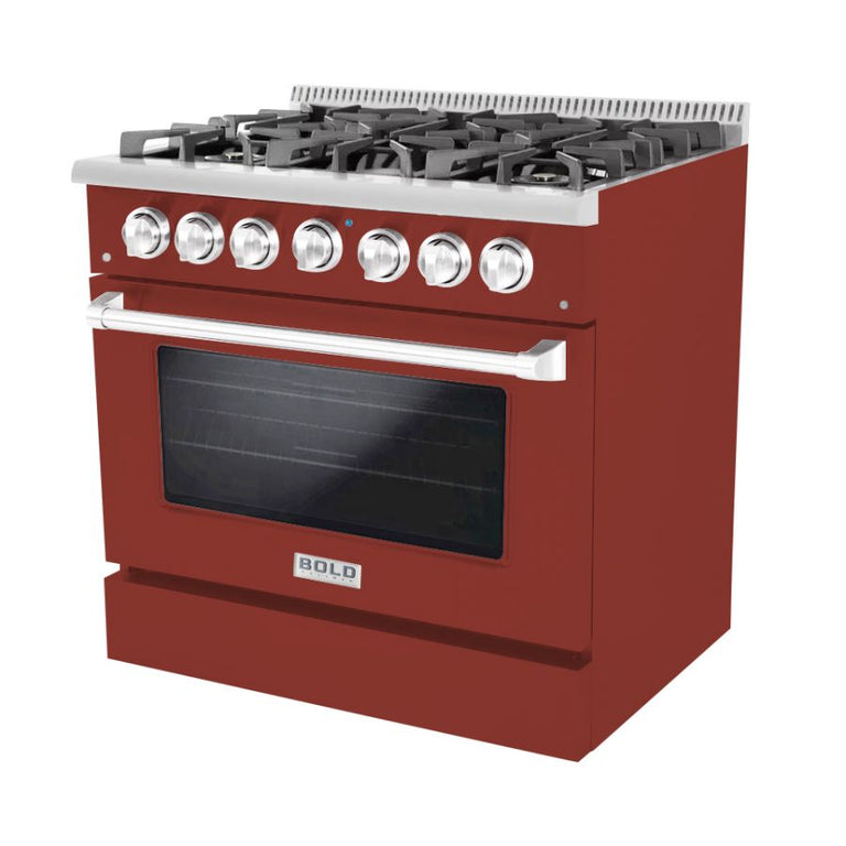 Hallman 36 In. Range with Gas Burners and Electric Oven, Burgundy with Chrome Trim - Bold Series, HBRDF36CMBG