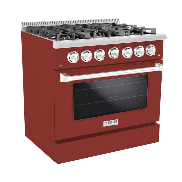 Hallman 36 In. Range with Gas Burners and Electric Oven, Burgundy with Chrome Trim - Bold Series, HBRDF36CMBG