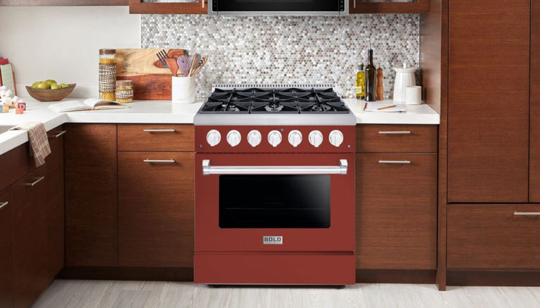 Hallman 36 In. Range with Gas Burners and Electric Oven, Burgundy with Chrome Trim - Bold Series, HBRDF36CMBG