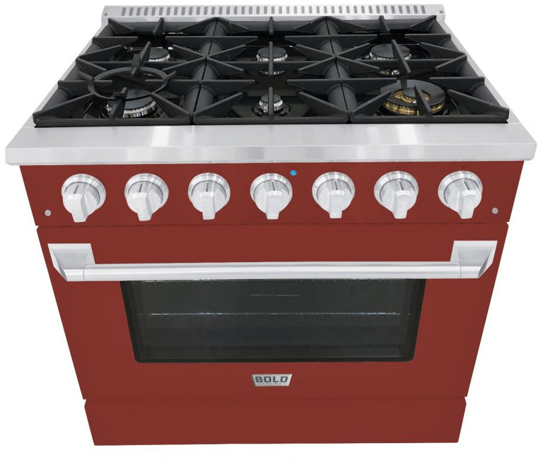 Hallman 36 In. Range with Propane Gas Burners and Electric Oven, Burgundy with Chrome Trim - Bold Series, HBRDF36CMBG-LP