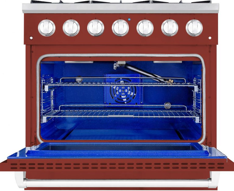 Hallman 36 In. Range with Propane Gas Burners and Electric Oven, Burgundy with Chrome Trim - Bold Series, HBRDF36CMBG-LP