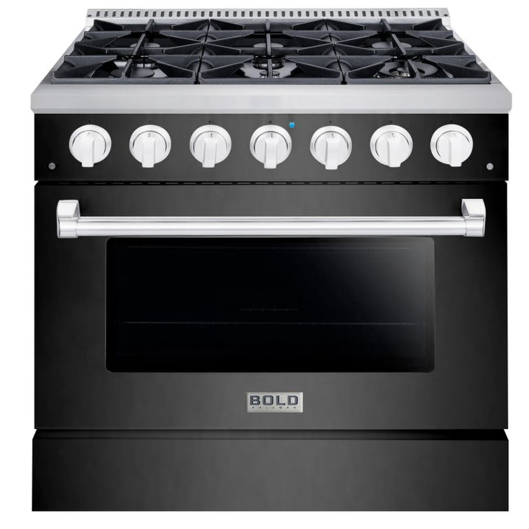 Hallman 36 In. Range with Gas Burners and Electric Oven, Black Titanium with Chrome Trim - Bold Series, HBRDF36CMBT