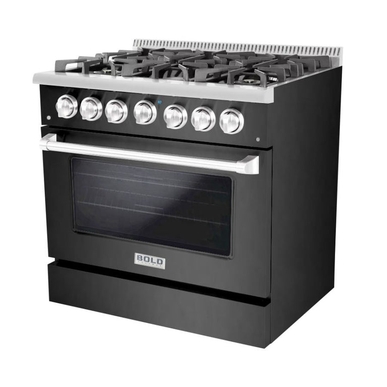 Hallman 36 In. Range with Gas Burners and Electric Oven, Black Titanium with Chrome Trim - Bold Series, HBRDF36CMBT