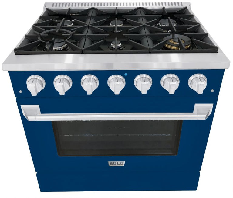 Hallman 36 In. Range with Gas Burners and Electric Oven, Blue with Chrome Trim - Bold Series, HBRDF36CMBU