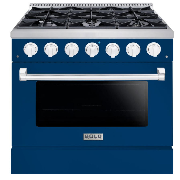 Hallman 36 In. Range with Propane Gas Burners and Electric Oven, Blue with Chrome Trim - Bold Series, HBRDF36CMBU-LP