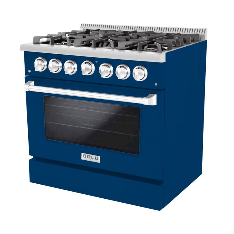Hallman 36 In. Range with Propane Gas Burners and Electric Oven, Blue with Chrome Trim - Bold Series, HBRDF36CMBU-LP