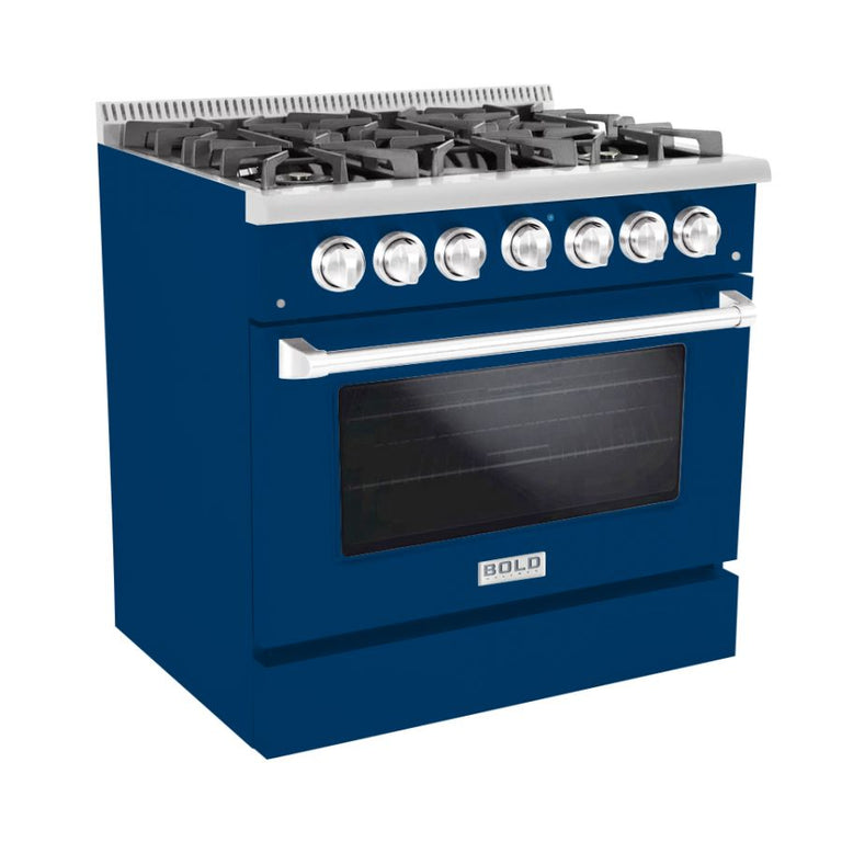 Hallman 36 In. Range with Propane Gas Burners and Electric Oven, Blue with Chrome Trim - Bold Series, HBRDF36CMBU-LP