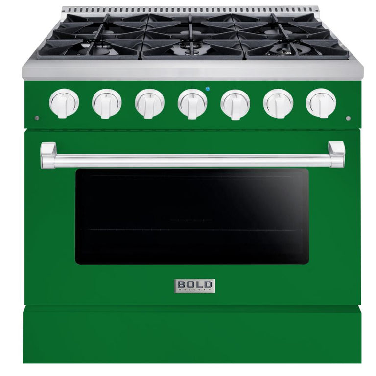 Hallman 36 In. Range with Propane Gas Burners and Electric Oven, Emerald Green with Chrome Trim - Bold Series, HBRDF36CMGN-LP