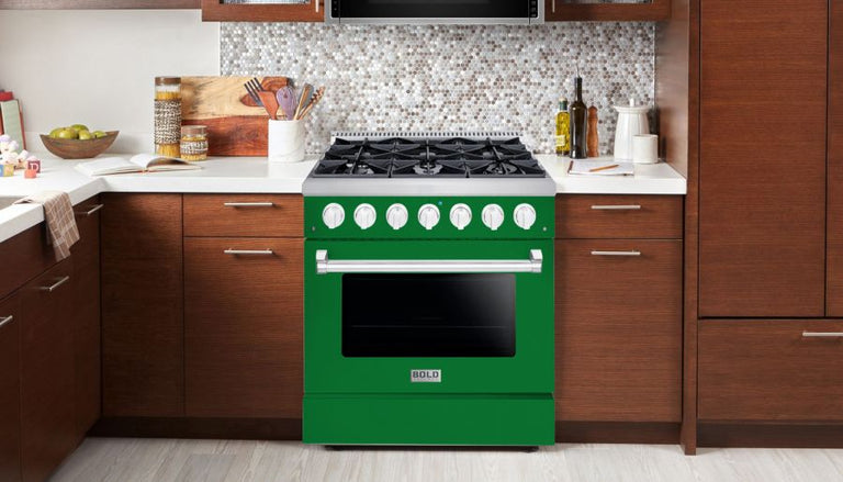 Hallman 36 In. Range with Propane Gas Burners and Electric Oven, Emerald Green with Chrome Trim - Bold Series, HBRDF36CMGN-LP