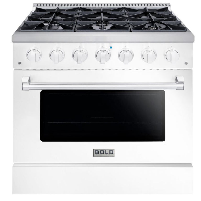 Hallman 36 In. Range with Propane Gas Burners and Electric Oven, White with Chrome Trim - Bold Series, HBRDF36CMWT-LP